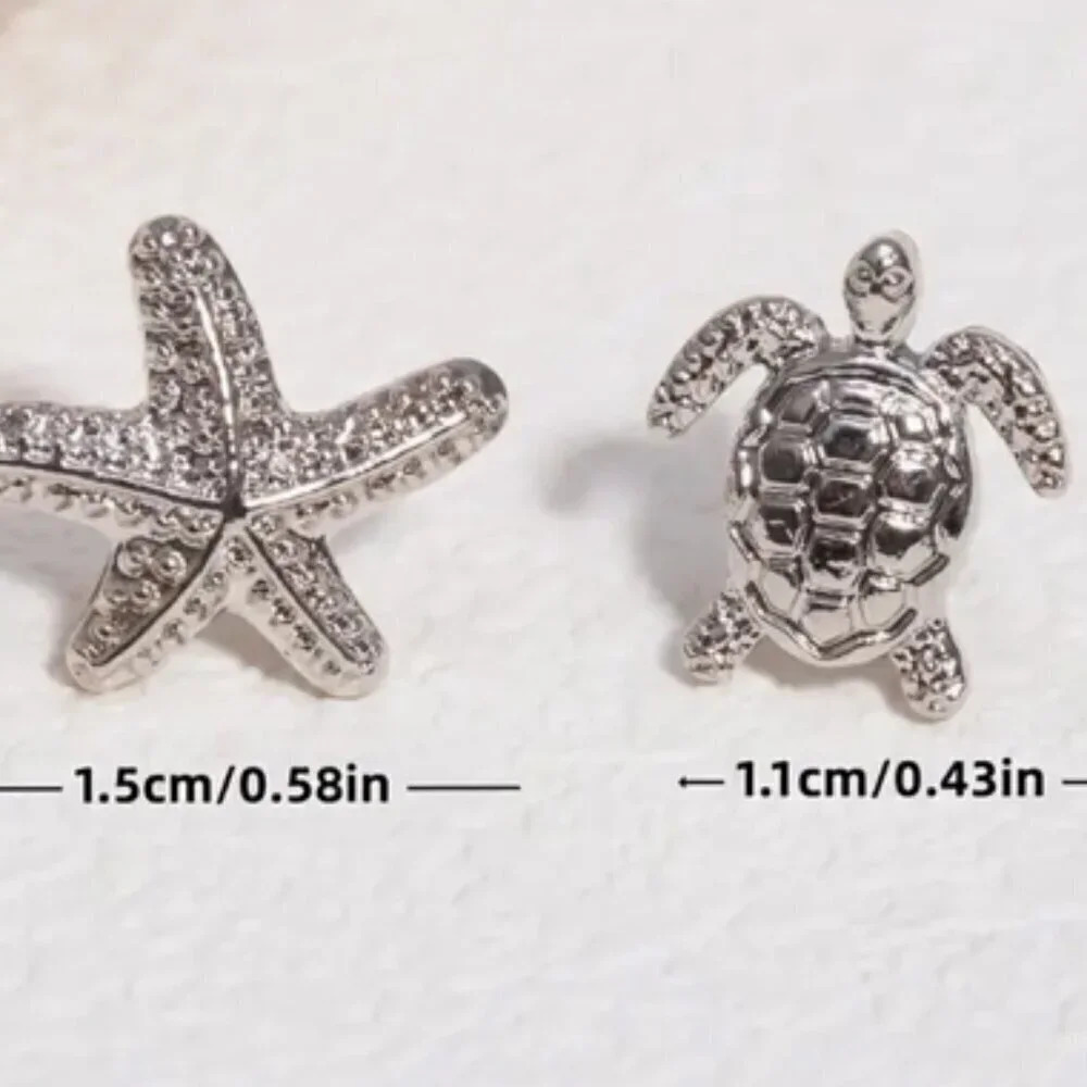 Women Girls Small Asymmetrical Starfish Turtle Stud Silver Earrings - Picture 2 of 5